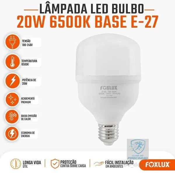 Lâmpada Led Alta Potência 20W Foxlux 6500K Branca Fria E27