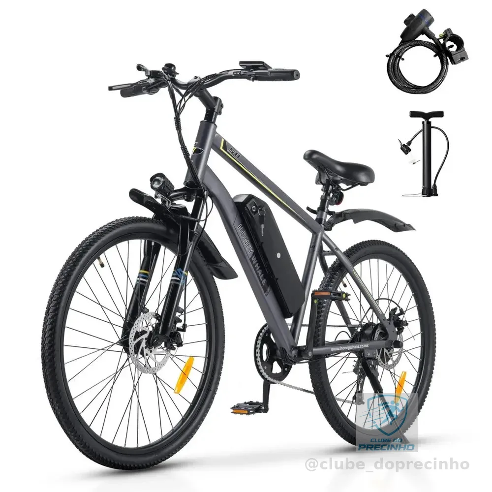 Honeywhale S8 Bicicleta Elétrica Para Adultos, 450w Motor, 50km Autonomia, 35km/h Velocidade Máxima, 26 Aro, Bateria Removível De 15ah, 7 Velocidades Ebike De Montanha, Bike Honey Whale Cinza