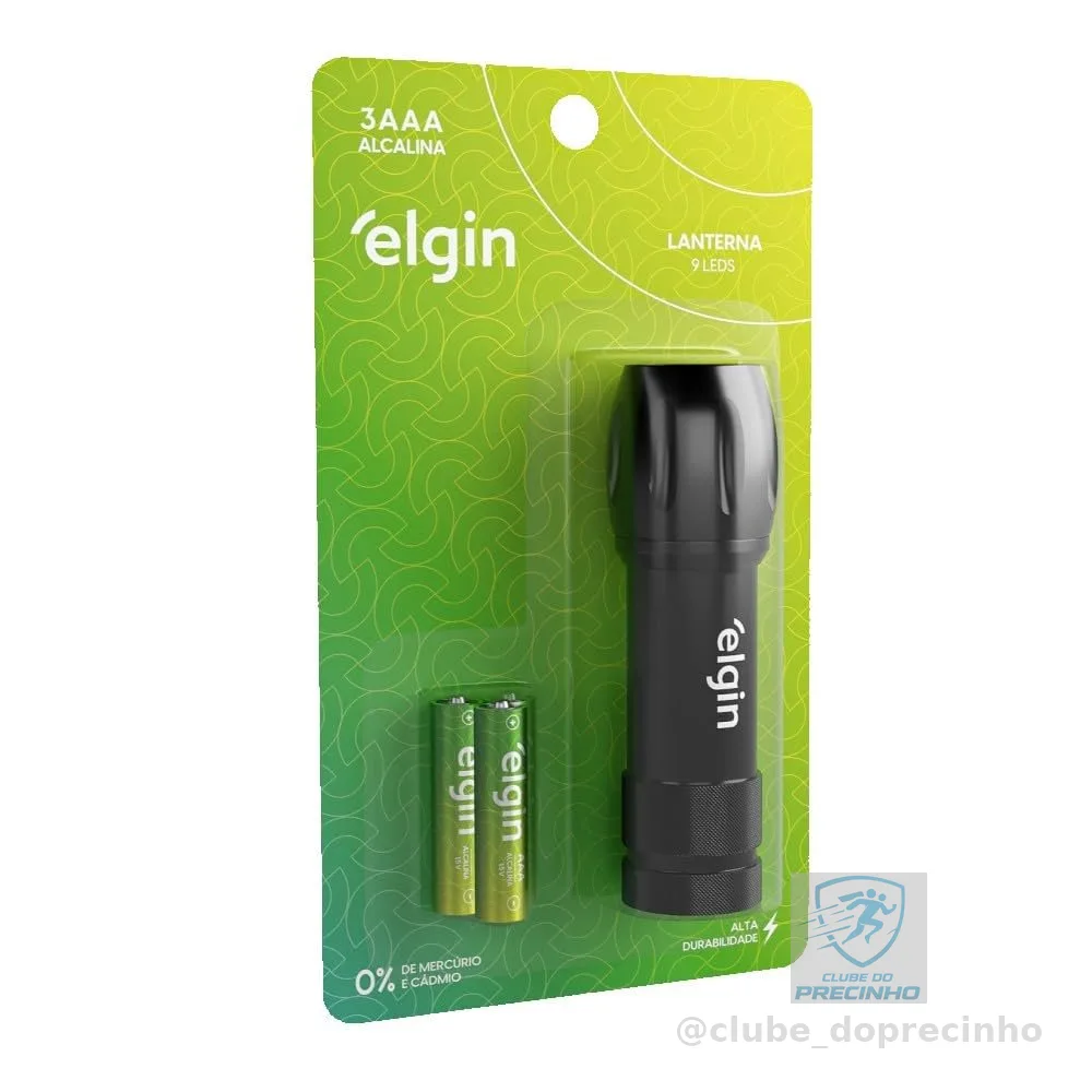 Lanterna de Bolso 9 leds Elgin 3 Pilhas Alcalinas AAA Comum Inclusas Preta