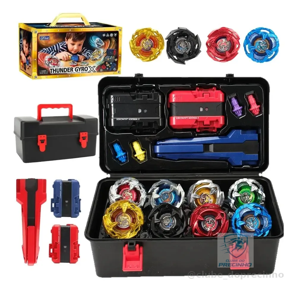 Maleta Kit Completo 8 Pião Blade Thundegyro Batalha Lançador Beiblade