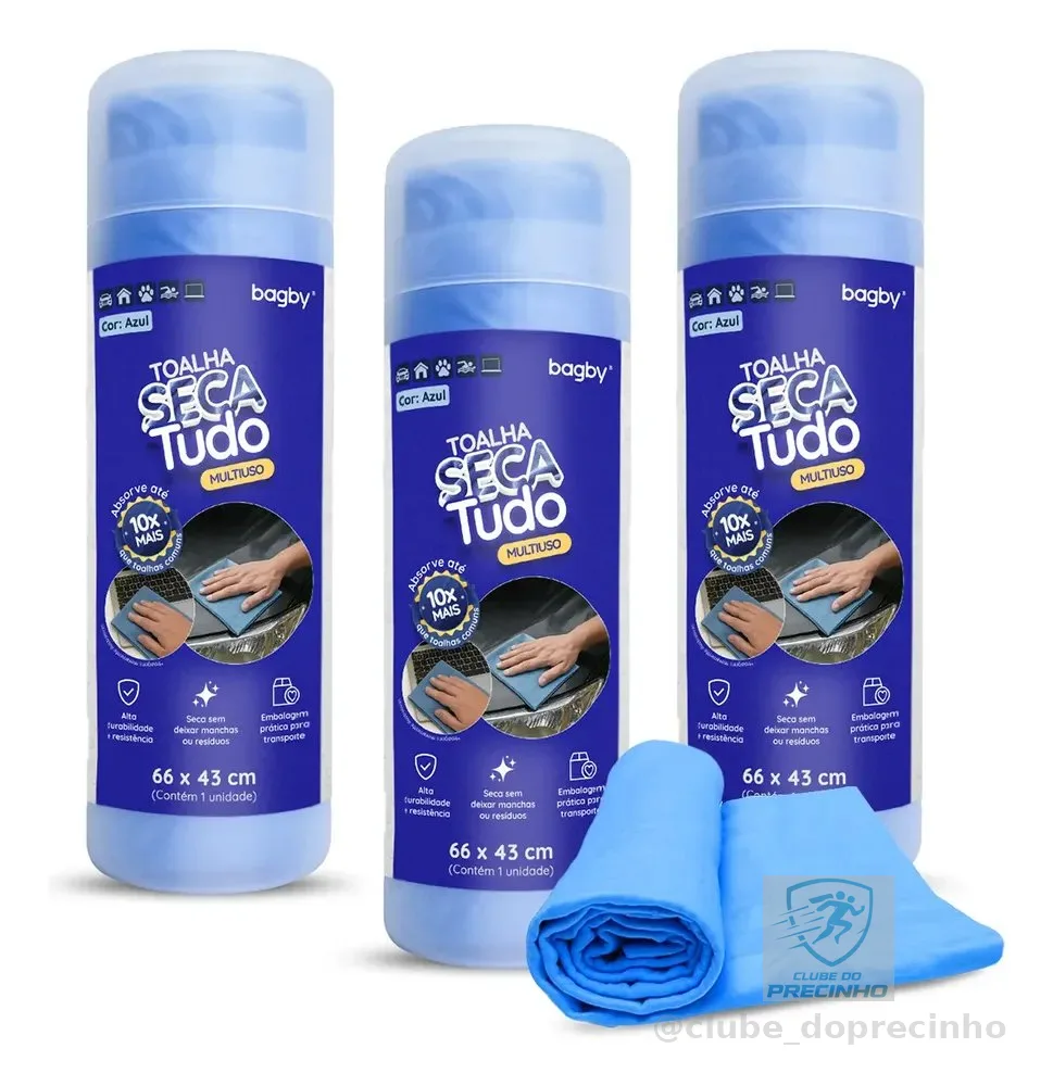 Kit 3 Toalha Mágica Multiuso 66x43 Ultra Absorção Seca Carro Azul