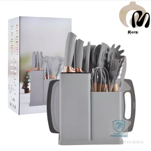 Kit Utensílios de Cozinha 12/19 Peças • Silicone com Cabo de Madeira • Completo e Resistente