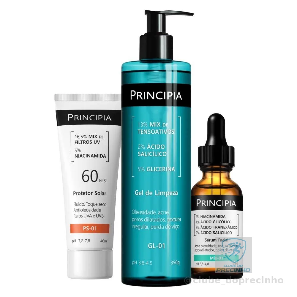 Principia Kit Anti-Acne Trio c/ Gel de Limpeza GL-01 + Sérum Mix-01 + Protetor Solar Facial PS-01 FPS 60