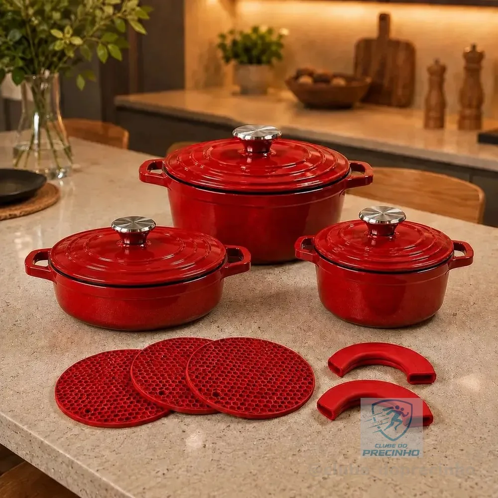 Conjunto 8 Peças Panelas Caçarolas Com Tampa Indução Inspiração Francesa Com Descansos e Pegadores De Silicone Vermelha Jogo De Panelas Compatível Com Cooktop Fogão A Gás E Elétrico