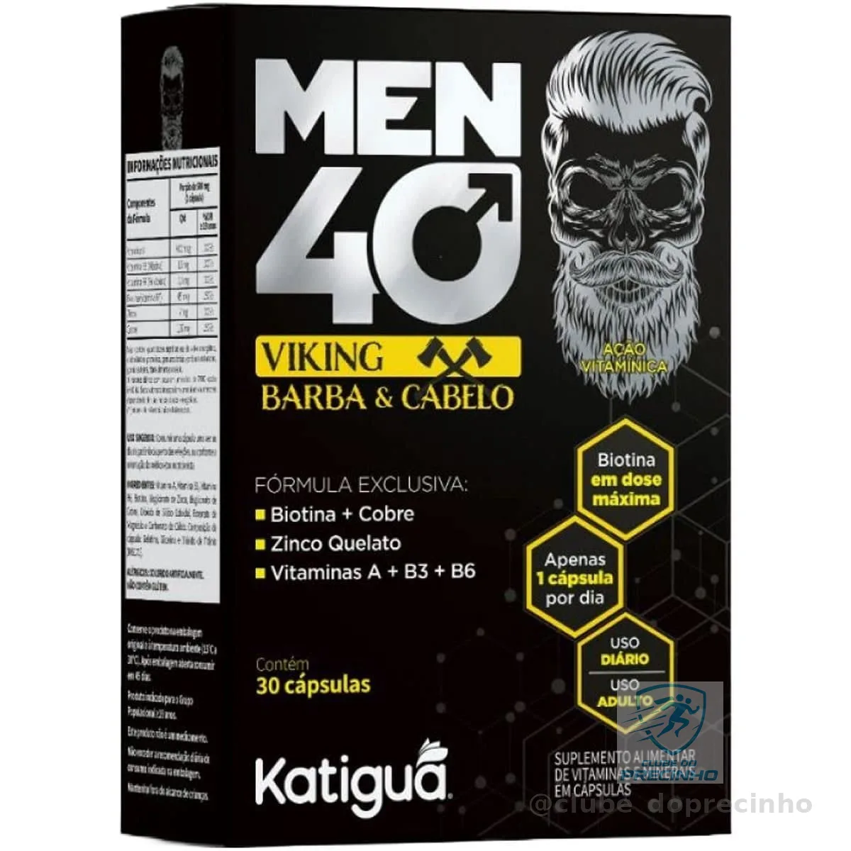 Katiguá, Men 40 Viking Barba e Cabelo, Com Biotina + Cobre, Zinco Quelato, Vitamina A + B3 + B6, Sem sabor, Para Homens, 30 Cápsulas rígidas • 30 doses, Preto