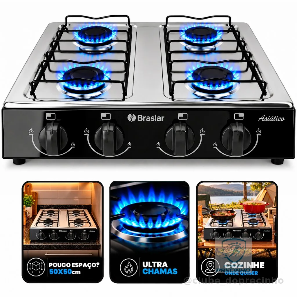 Fogão Cooktop De Mesa Portátil A Gás 4 Bocas Braslar