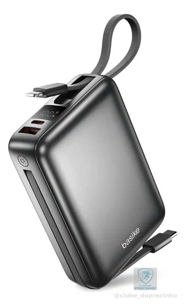 Carregador Portátil Power Bank Basike 20000mAh 22.5W Rápido Cabos Embutidos Tipo C iPhone Samsung