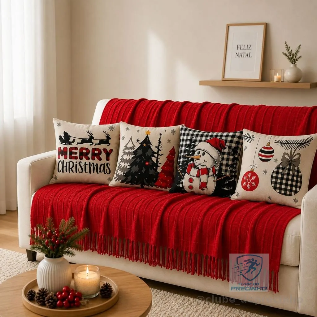 Kit Manta Decorativa 1,40x1,70 + 4 Capas de Almofada Natal 43x43 para Sala e Sofá Decoração Natalina