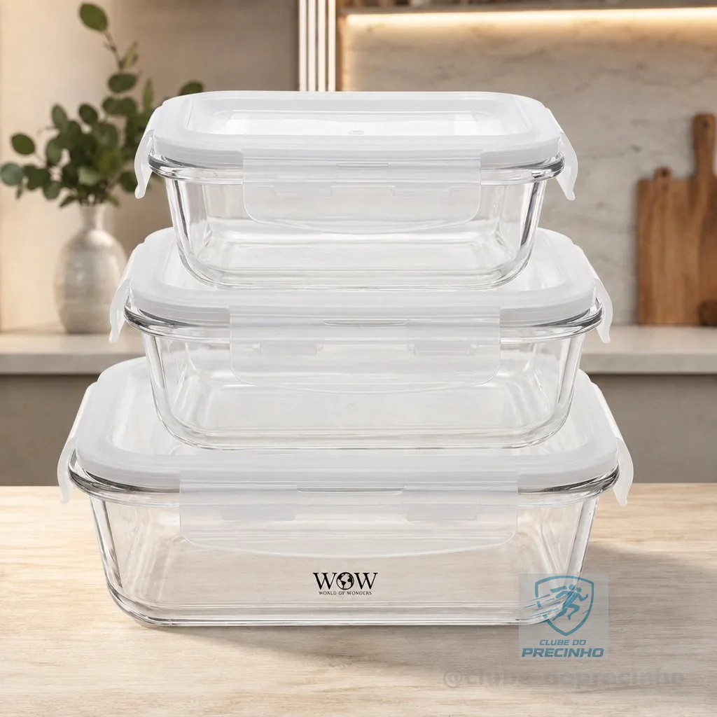 Kit 3 Potes De Vidro Hermético 320Ml 520Ml 800Ml Refratário