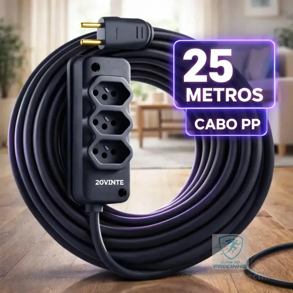 Extensão Elétrica 25 Metros Cabo Pp Reforçada Obra Profissional 10/20a Fio Grosso 2x2,5mm Tomada Tripla Cor Preto 20vinte