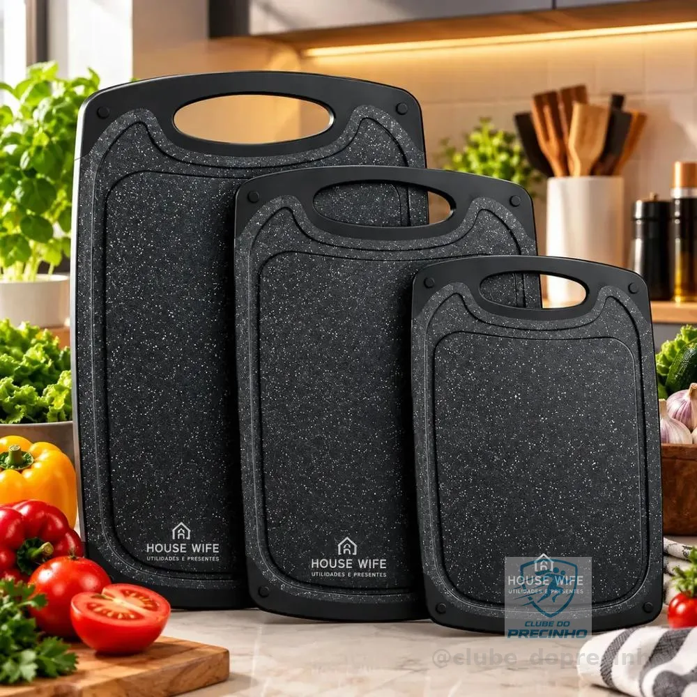 Kit com 3 Tábuas de Corte Retangulares de Polipropileno Antiderrapante Preto para Legumes e Churrasco