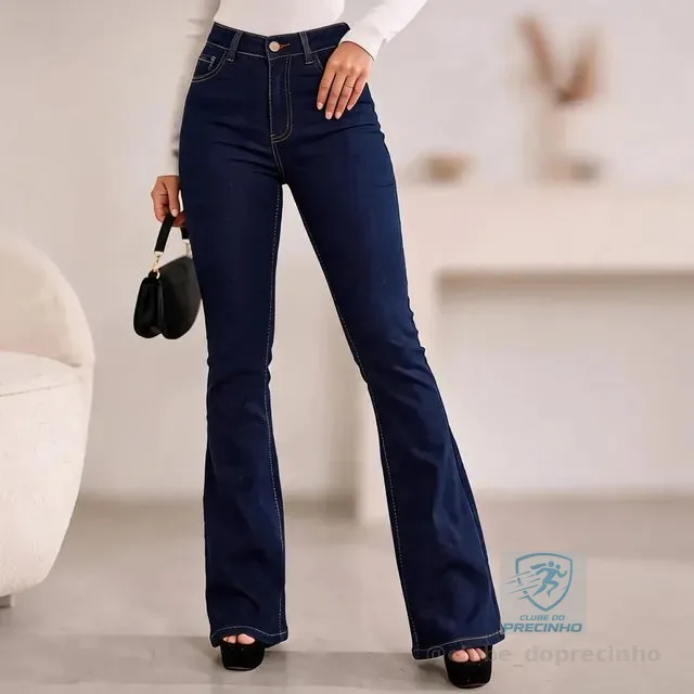 Calça Jeans Flare Feminina Cintura Alta Com Elastano