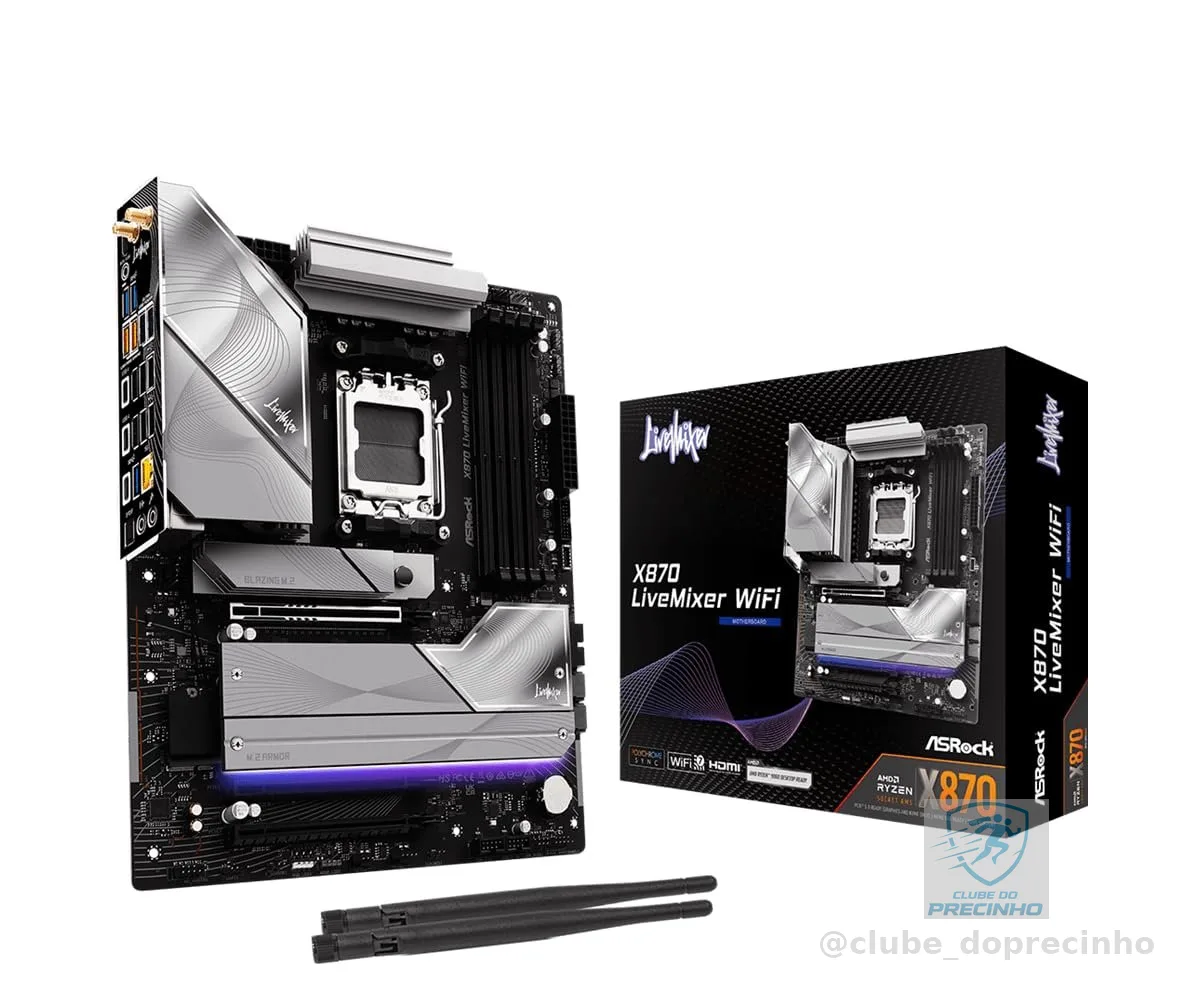 ASRock Placa-mãe X870 LiveMixer WiFi AM5 | AMD Ryzen 9000/8000/7000 | DDR5 8000+ (OC) | Dual USB4 | PCIe 5.0 | WiFi 7 | 16+2+1 Power Phase | LAN 5GbE