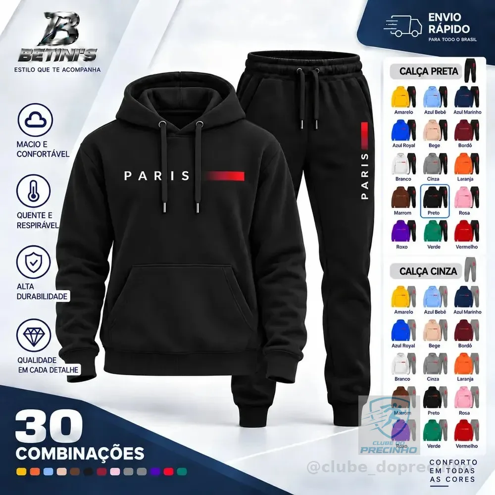 Conjunto Moletom Calça Unissex Paris Canguru Casaco Frio G Preto