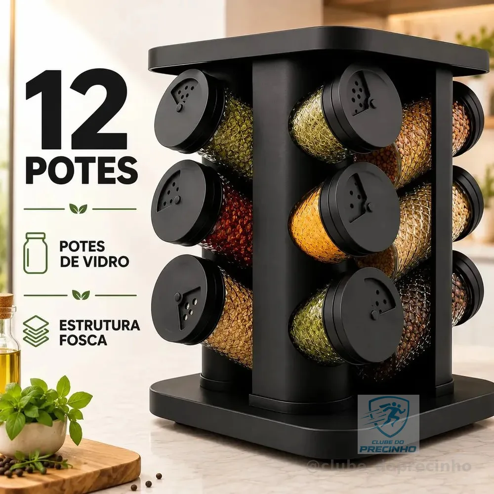 Porta Temperos Condimentos 12 Unidades Potes Vidro Base Giratória Preto Organizador Cozinha Dosador Sólar