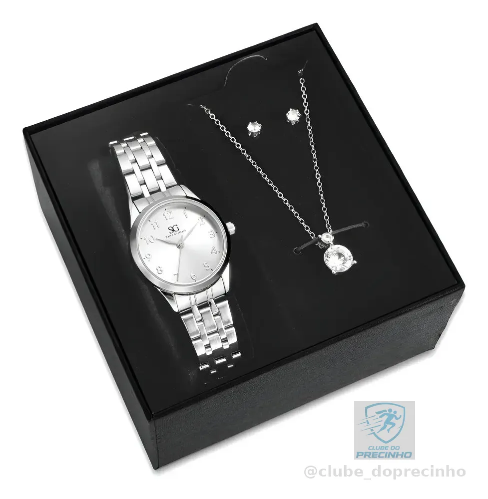 Kit Relógio Colar E Brincos Ponto De Luz Feminino Luxo Silver Saint Germain Presente Original Joias Prata Elegante Clássico 28mm
