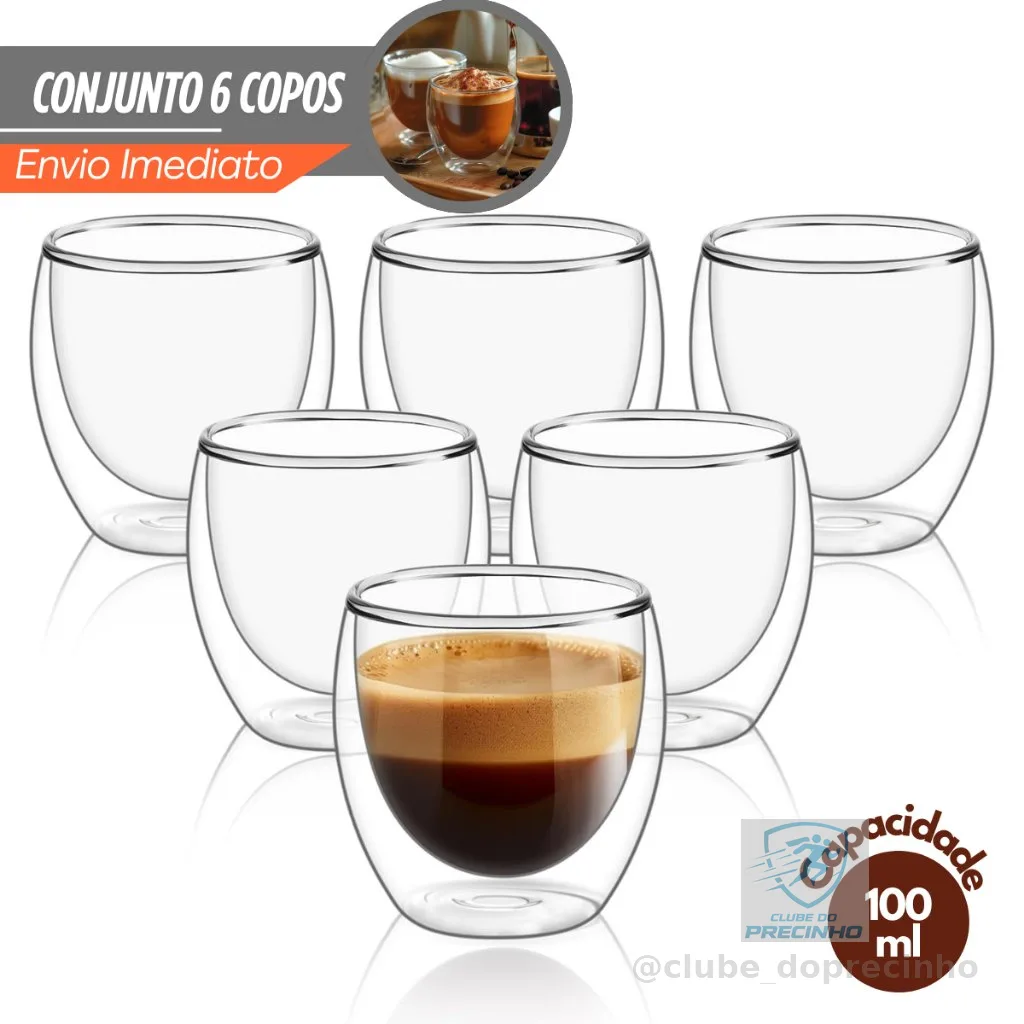 Kit 6 Copos Parede Dupla de Vidro 100 ml Copo de  Café Chá Suco Copo Duplo Isolante Térmico