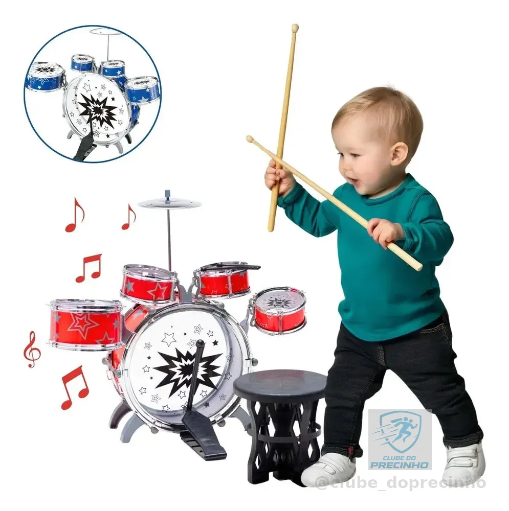 Atentu Mini bateria infantil atentu banquinho brinquedo com 5 tambores vermelho