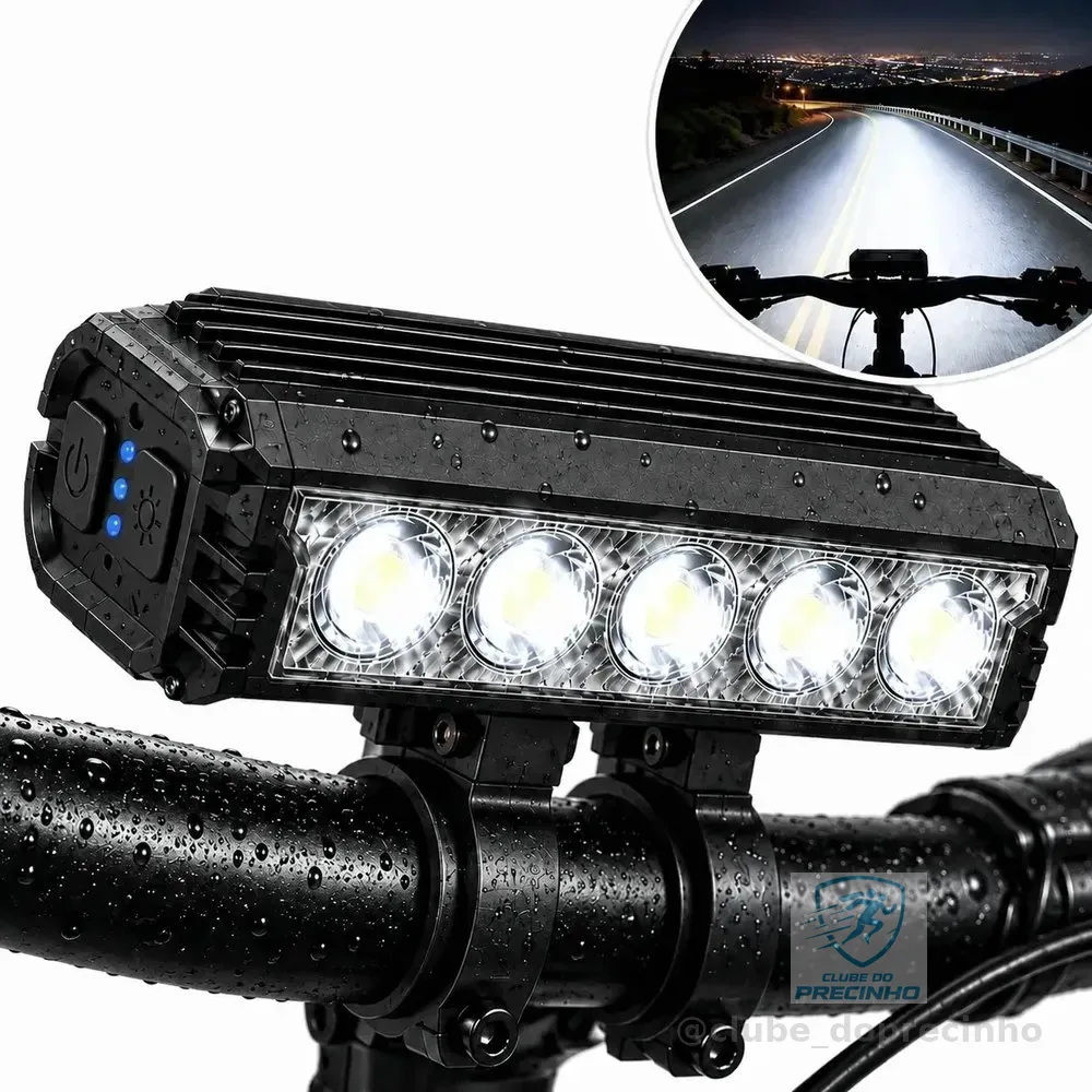 Farol Bike 5 Leds Potente  Usb-c Recarregável Alumínio Luz Preto