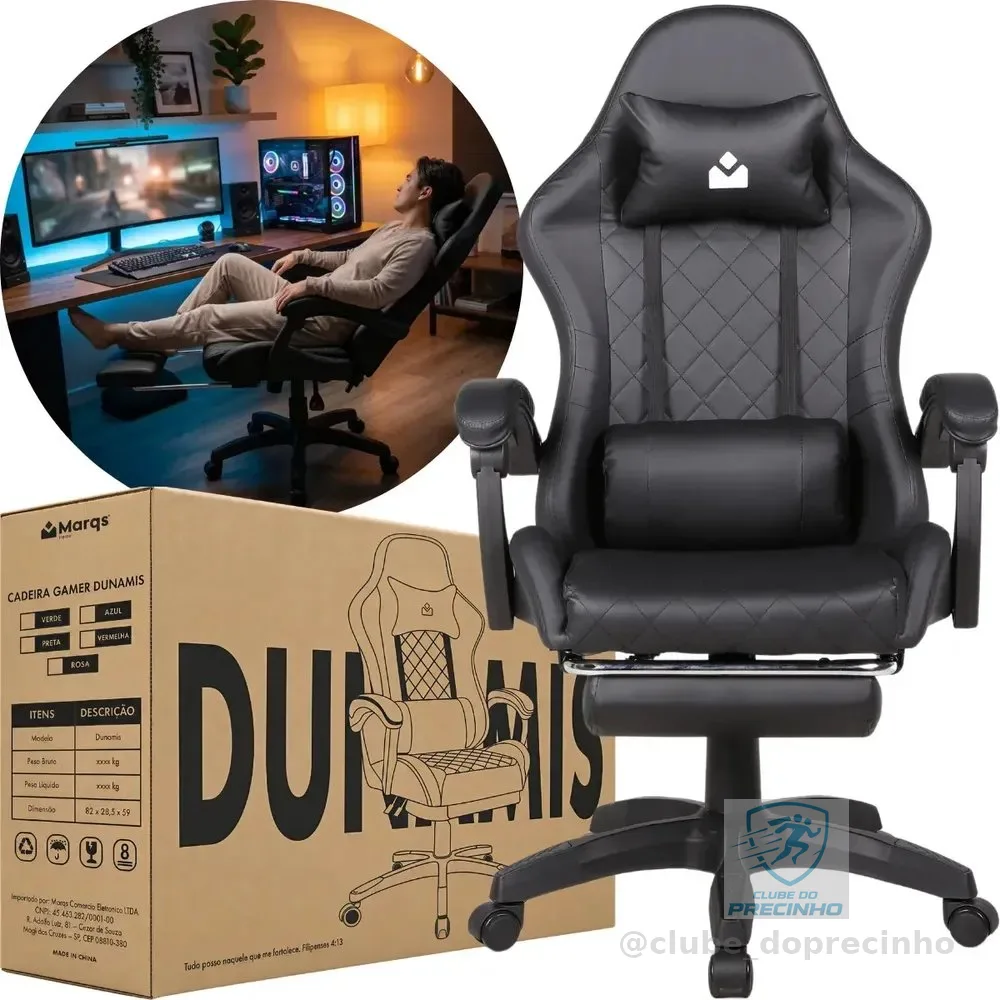 Cadeira De Escritorio Gamer Ergonômica Dunamis Preta Marqs Home Reclinável 180kg Resistente Giratória Confortavel Computador