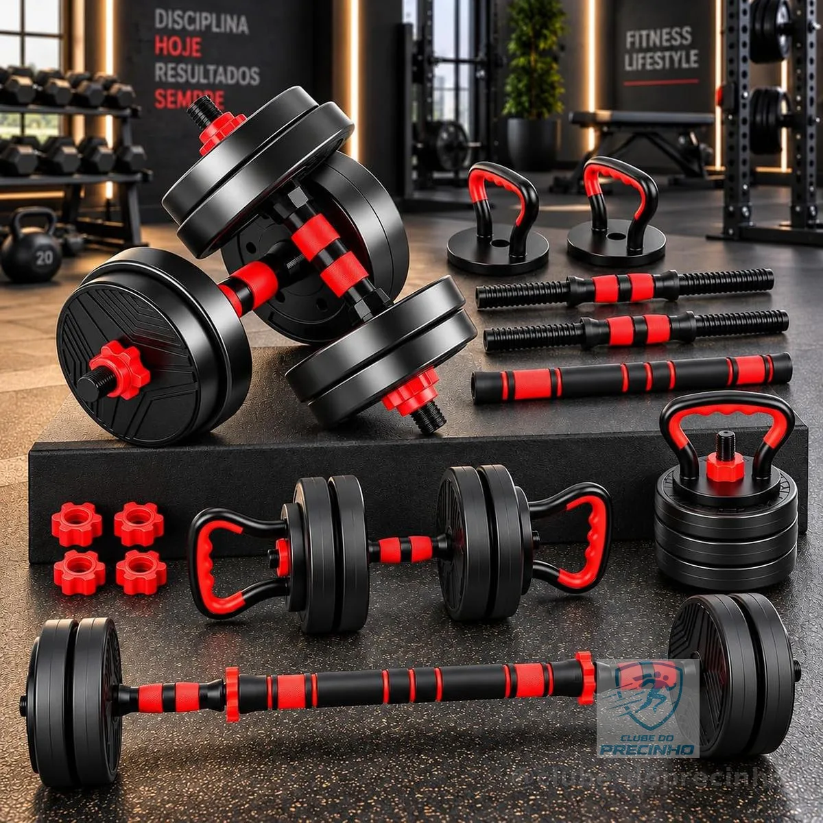 Kit Halteres Ajustáveis 6 em 1 com Barra Extensora Kettlebell Pesos até 15kg Musculação Academia Treino em Casa Modelo Premium