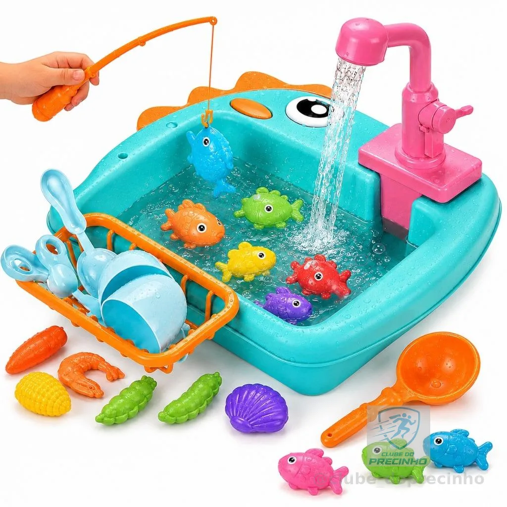 Kit Lava-Louças e Pescaria com Acessórios Pia Infantil 2 em 1 com Água de Verdade