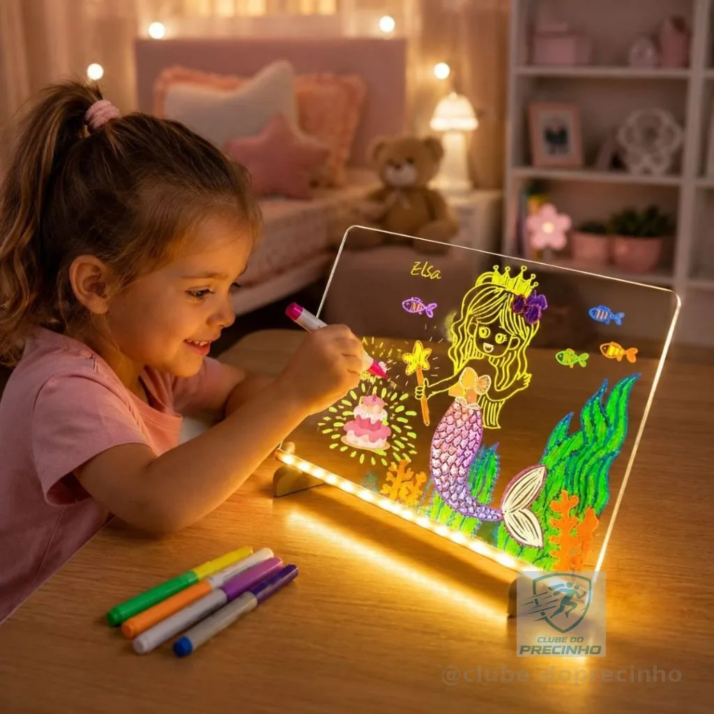 Losa Luminária Led 3D Desenho Acrílico Brilhante USB + 7 Canetas Escrever Lousa Desenho E Pintura