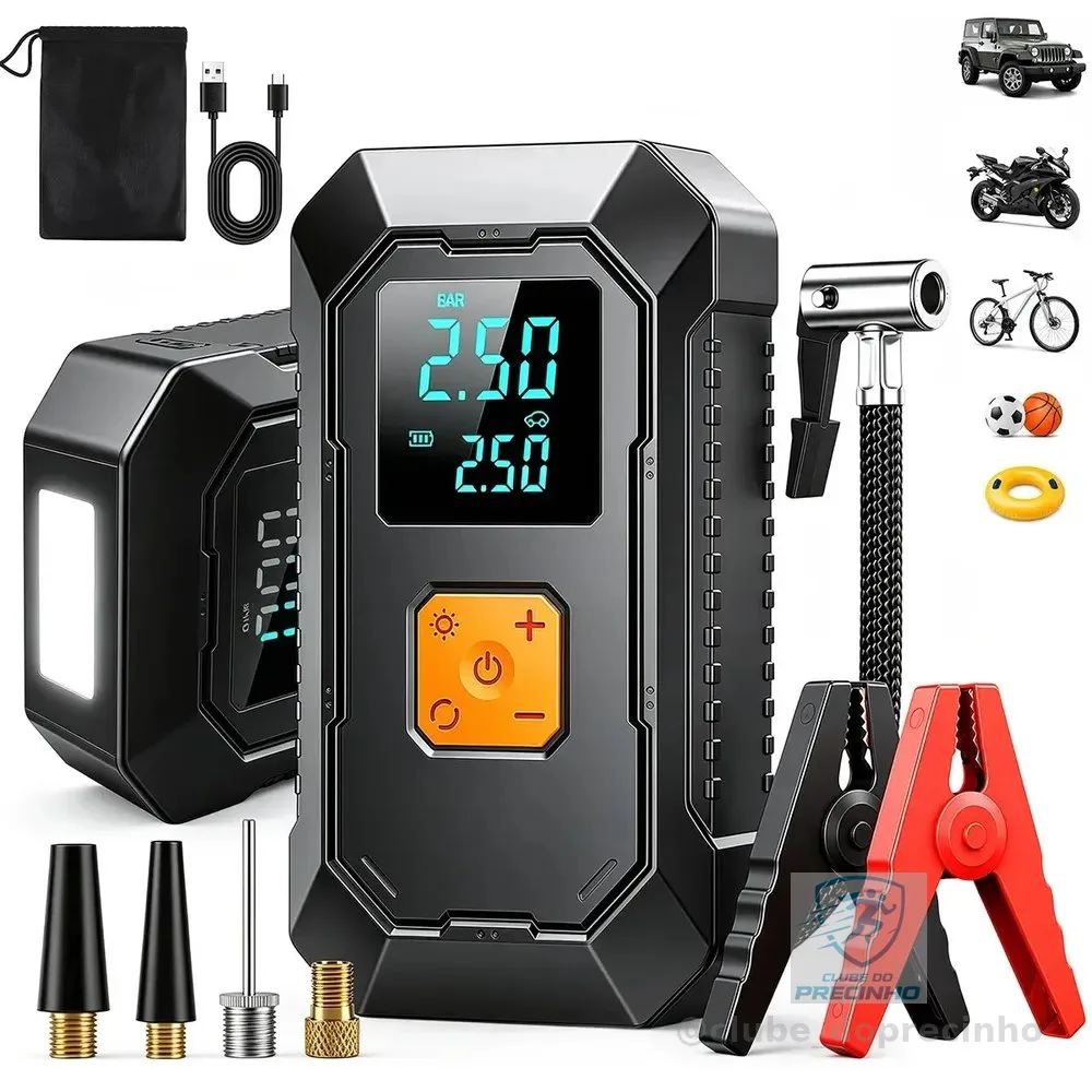 aweshine Compressor Ar Portátil 150PSI Automotivo com Auxiliar Partida Portátil,5 Modos Inflagem,Auxiliar Partida Veicular Carro Moto Caminhão,Power Bank,digital duplo,lanterna emergência com 3 modos