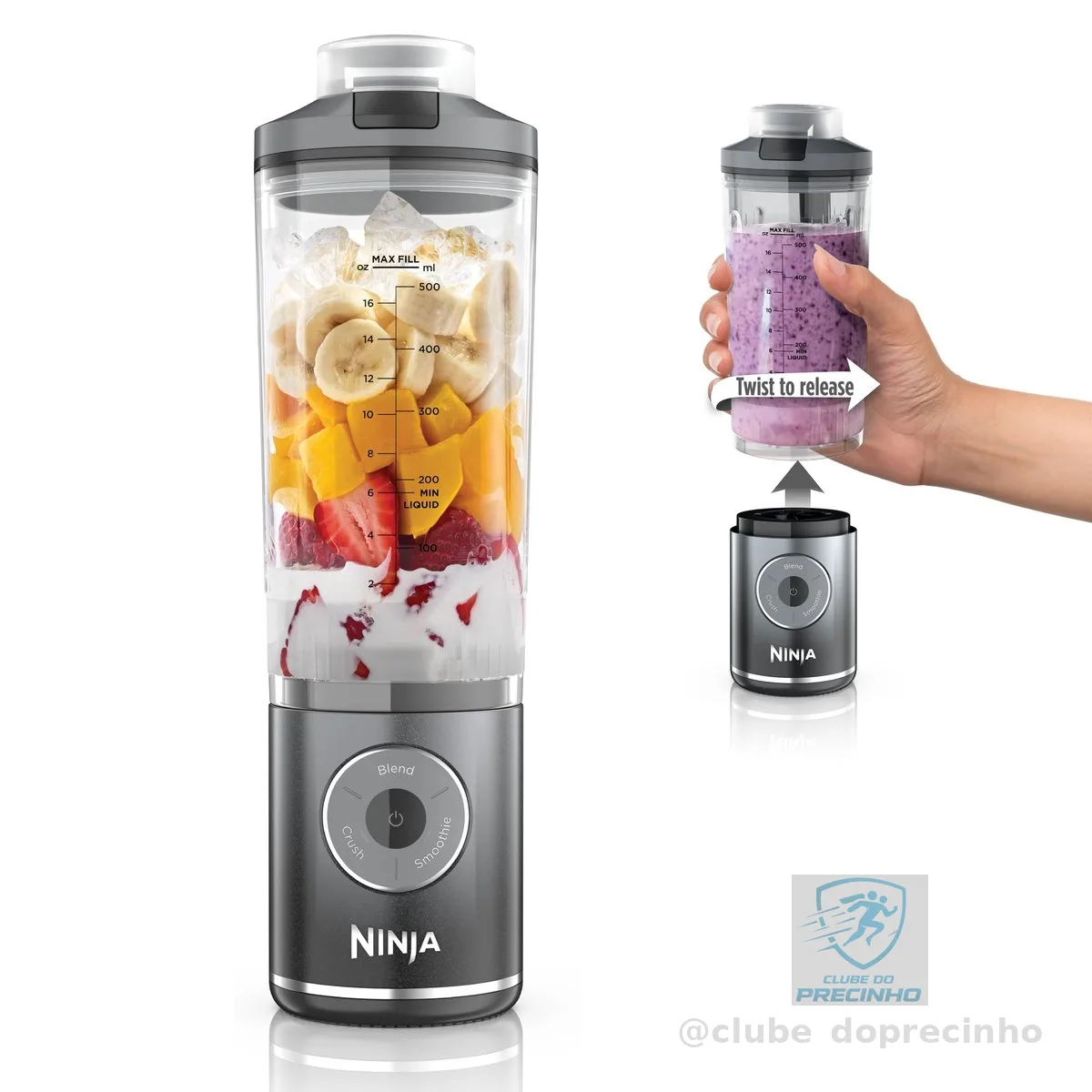 Ninja Blast Max, liquidificador portátil e pessoal + Twist & Go, Smoothie, Blend, Ice Crush, 3 programas, sem fio, recipiente removível de 650 ml, lavável na lava-louças, à prova de vazamento, cinza