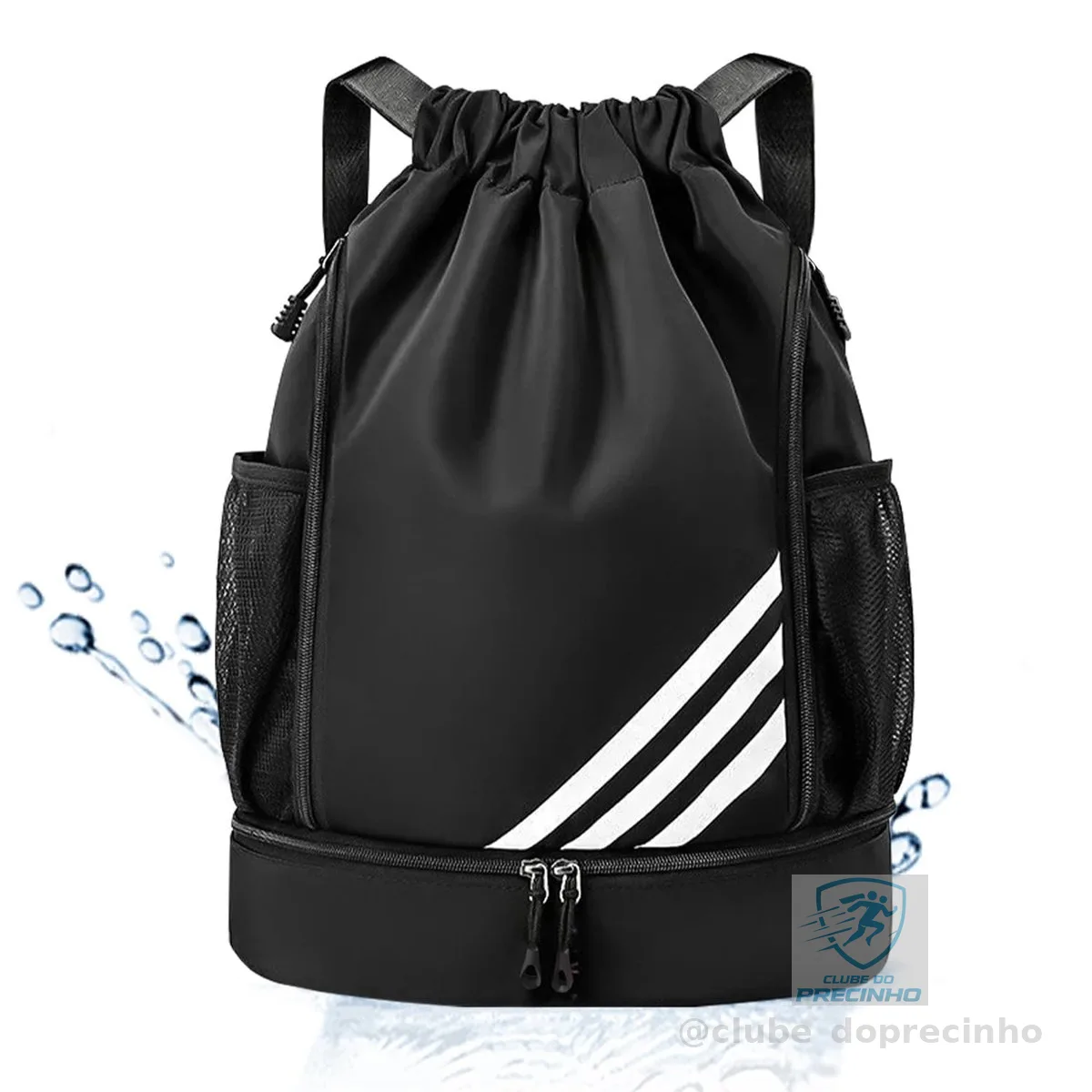 Mochila Esportiva com Cordão, Separação seca e húmida, Mochila de grande capacidade para viagens de lazer, Bolsos Laterais em Malha, Preto com Listras