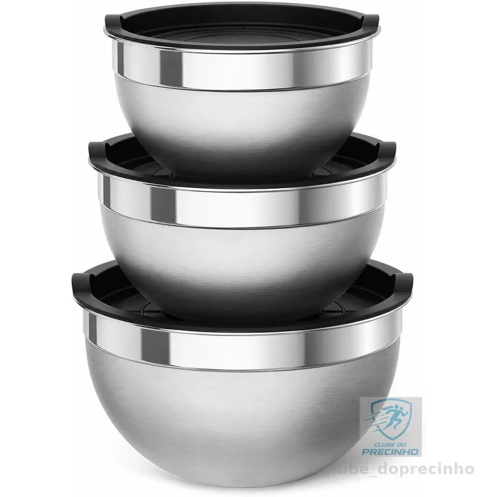 Conjunto 3 Bowls Aço Inox com Tampa, Tigelas Multiuso para Cozinha Kit 3