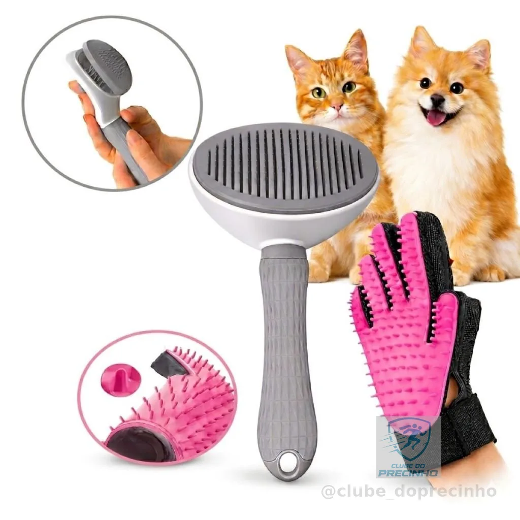Kit Escova Rasqueadeira Automática Autolimpante + Luva Tira Pelo Nano Magnética Massageadora Cães Gatos