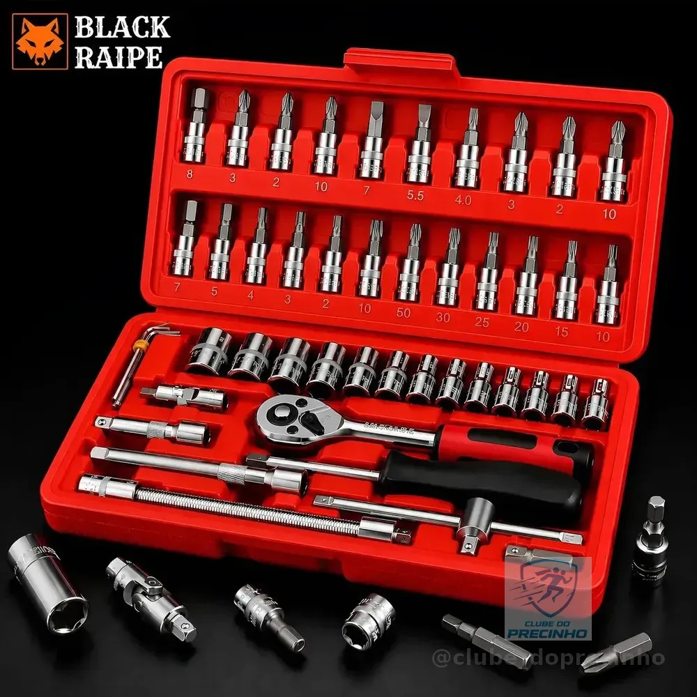 Jogo Chave Canhão Cachimbo Soquete Sextavado com Catraca Reversível 46 Peças Kit Ferramentas Profissional Aço Cromado Bits Torx Allen Phillips Fenda Oficina Mecânica Automotiva Manutenção Black Raipe