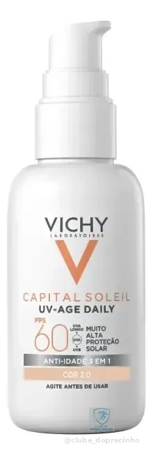 Protetor Solar Facial Anti-Idade FPS60, Ação 3 em 1, Protege, Previne Rugas e Manchas, Toque Seco, Cor 2.0, Capital Soleil UV Age Daily Vichy, 40g