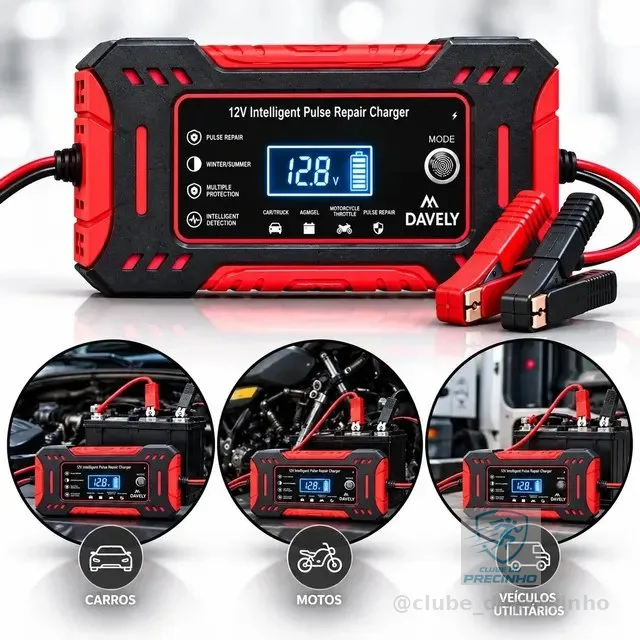 Carregador De Bateria 12v 6a Bivolt Inteligente Carro Moto Caminhão Automotivo 4ah A 100ah Com Função Reparo Display Digital Proteção