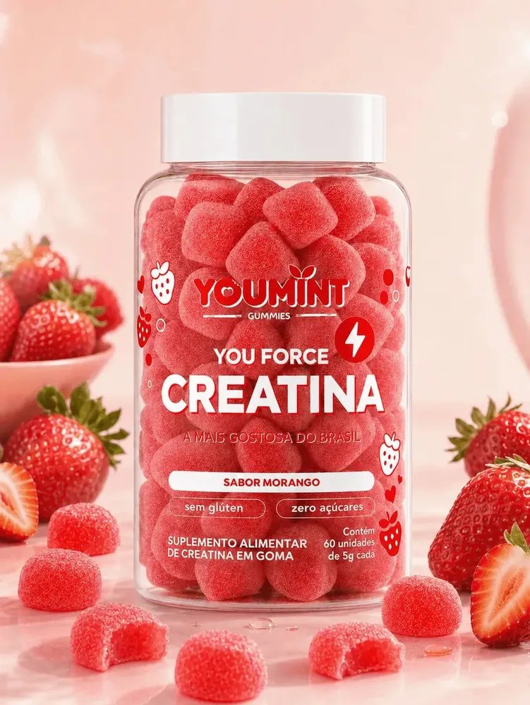 Creatina Gummy Zero Açúcar 60 Gomas Youmint Sabor Morango