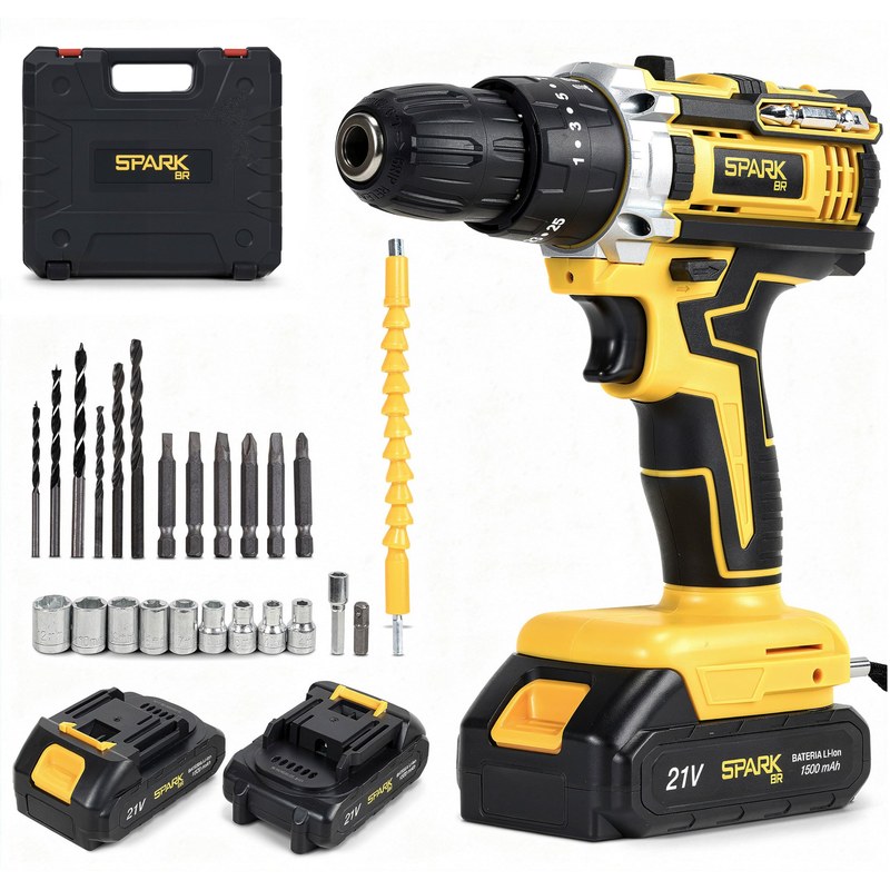 Furadeira Parafusadeira Impacto SparkBr AMG-PR01 21V 26 Acessorios 2 Baterias Cm LED Maleta Profissional Recarregável