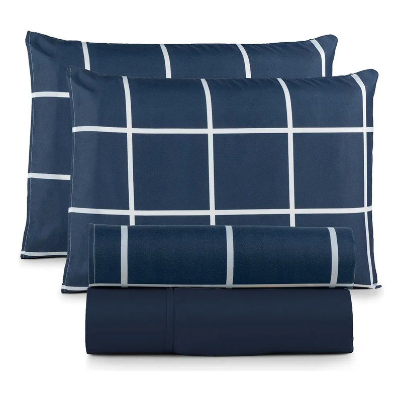 Jogo De Lençol Queen 400 Fios 4 Peças Toque Macio Conforto Listrado Petróleo Estampado