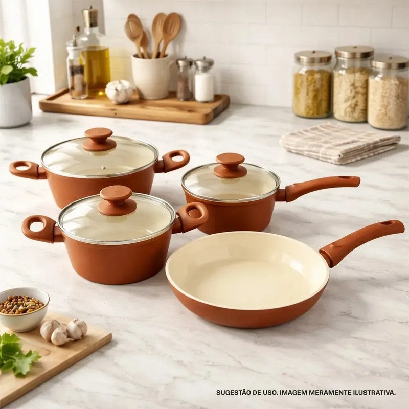 Jogo Panelas 4 Peças De Indução Cerâmica Antiaderente Terracota - Jhamba