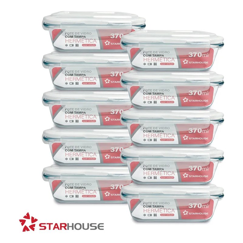 Kit 10 Potes Vidro 370ml Hermético Marmita Forno Refratário Star House