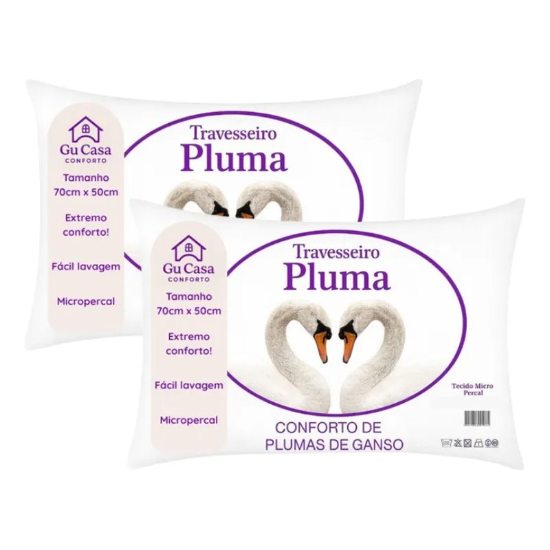Kit 2 Travesseiros Plumas 70x50cm Tradicional Antiácaros Branco
