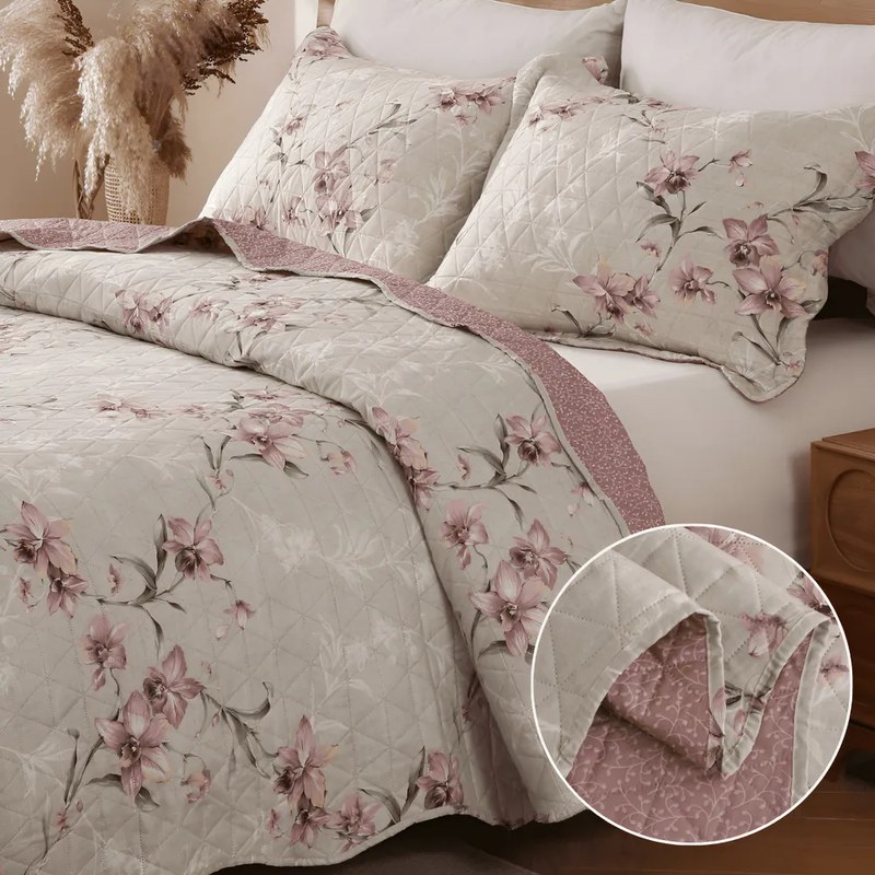 Kit Colcha Cobre Leito Casal 3pç Dp Face 150 Fios Itália Cor Arabesco Floreado