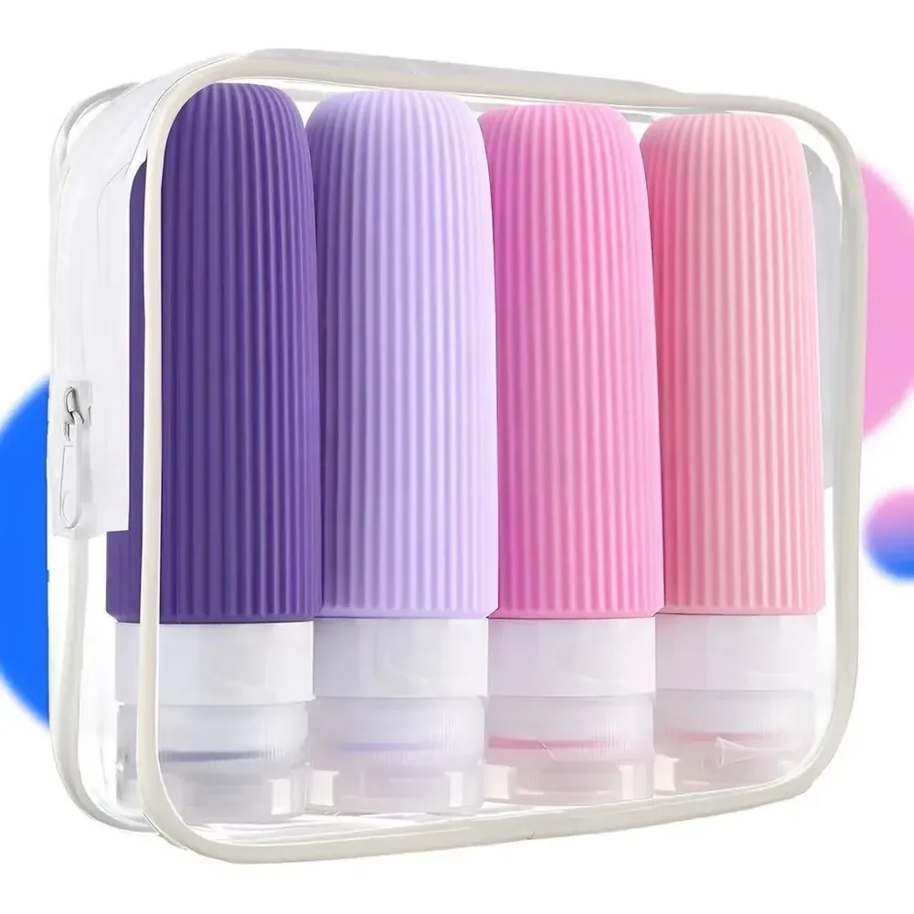 Kit Frascos 4 Potes Viagem Silicone 90ml Condicionador Creme Rosa Listras