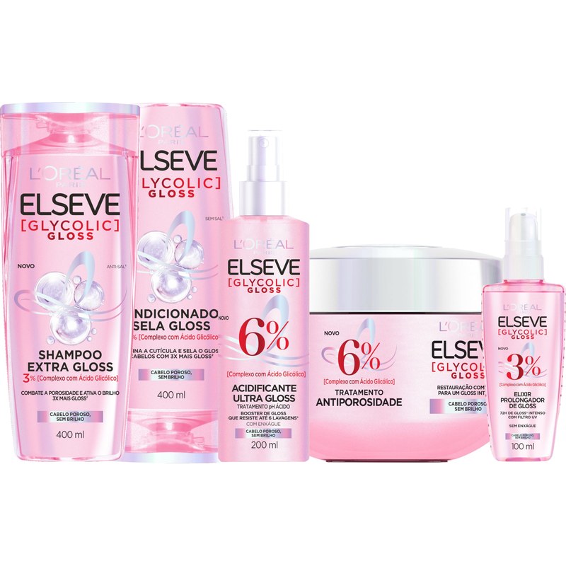 Kit Tratamento Capilar L'Oréal Paris Elseve Glycolic Gloss, Combate Porosidade, 5 Produtos para Brilho e Alinhamento