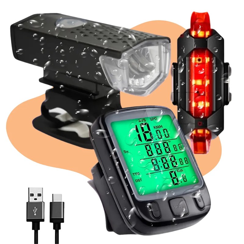 Kit Velocímetro Luz Noturna Lanterna Farol Bike Traseira E Dianteira Led Ultra Forte 
