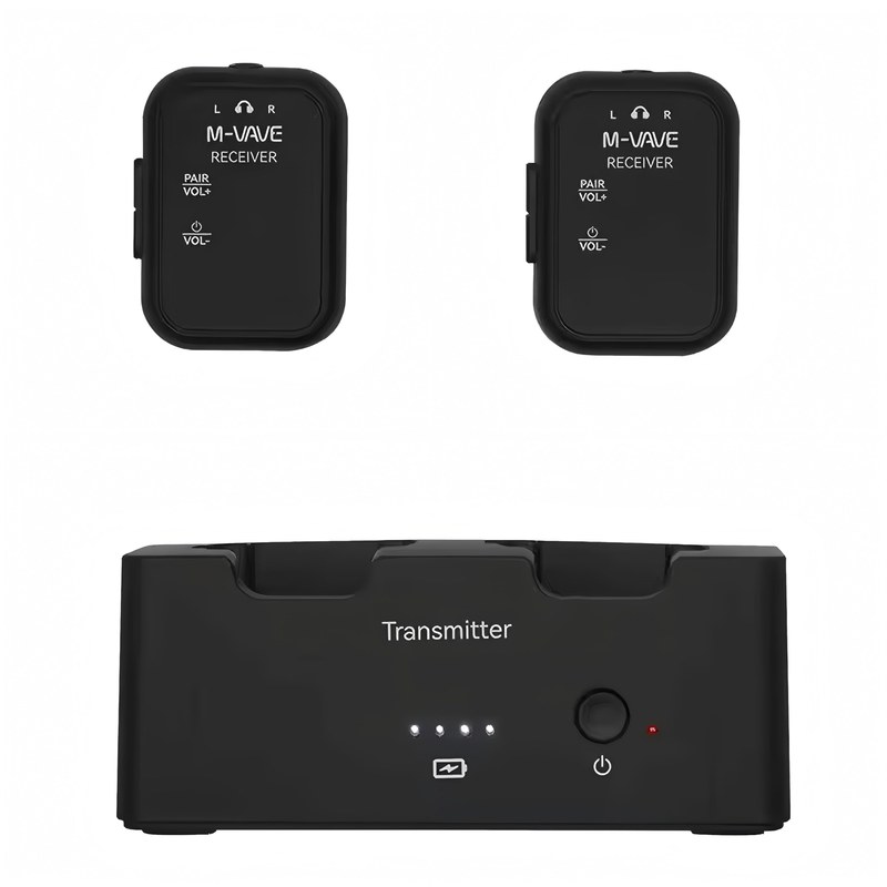 M-VAVE VEDO Sistema de Monitoração Auricular Sem Fio WP-12: 1 Transmissor + 2 Receptores com Áudio 24bit/48KHz, Alcance 30m e 24h Bateria - Ideal para Shows, Igrejas e Podcasts no Brasil