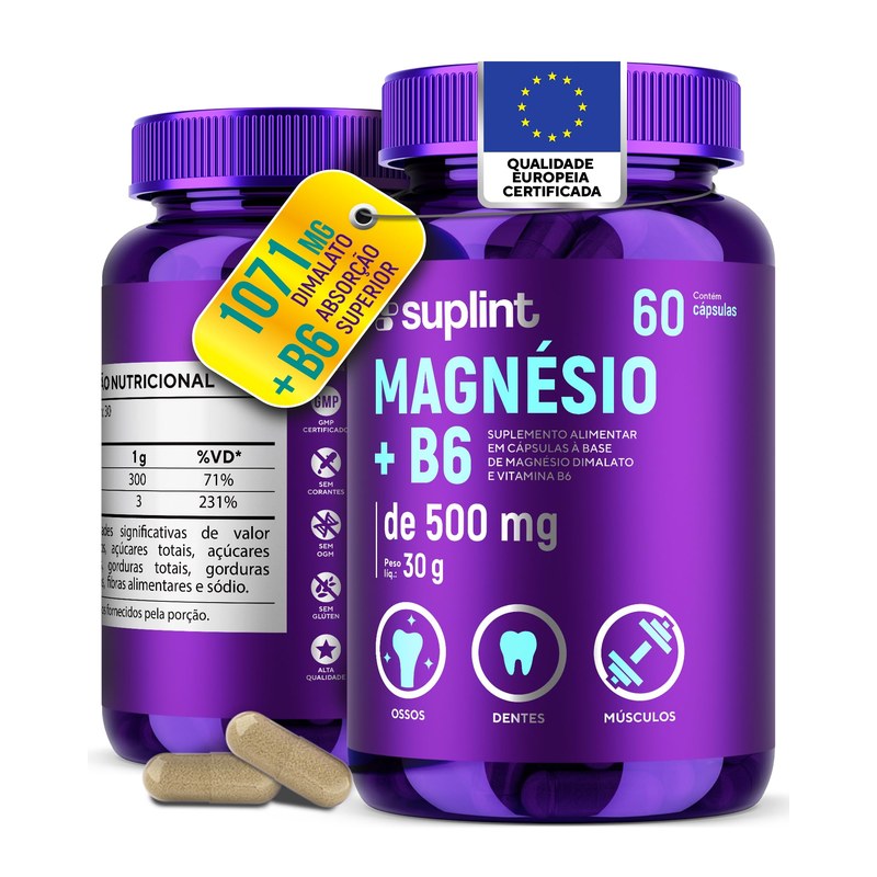 Magnésio Dimalato 1071 mg com Vitamina B6 – Suplemento de Magnésio Vegano | Sem Glúten e Sem OGM – 60 Cápsulas