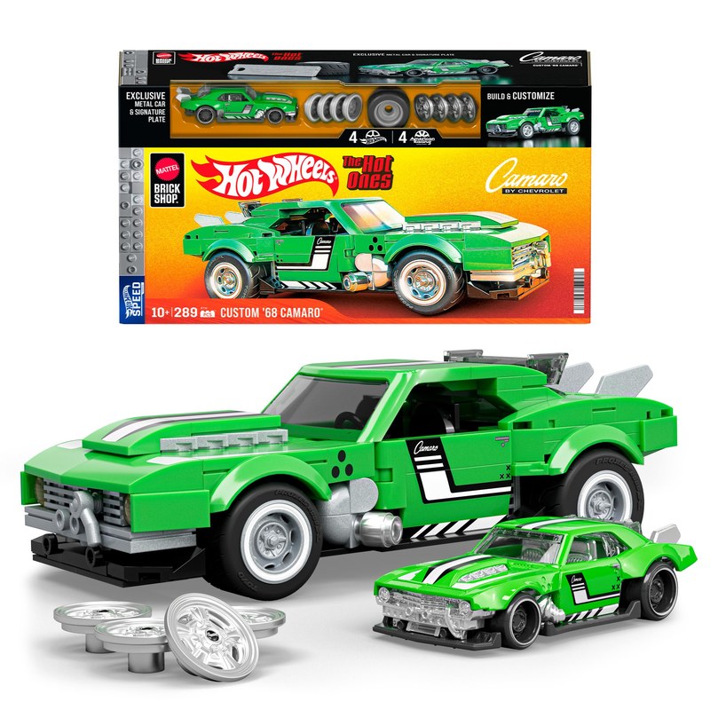 Mattel Brick Shop Hot Wheels Jogo de Construção Speed 68 Custom Camaro em escala 1:32 com Placa de Coleção 