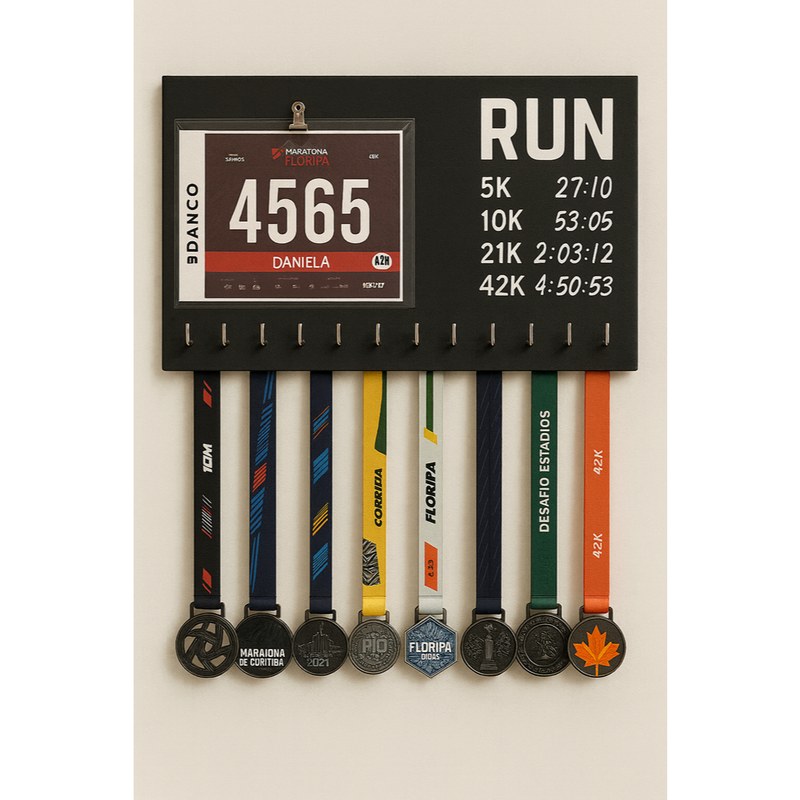 Porta Medalhas de Corrida em MDF parede – Quadro para Registrar Tempos de Provas de corrida - Até 100 medalhas