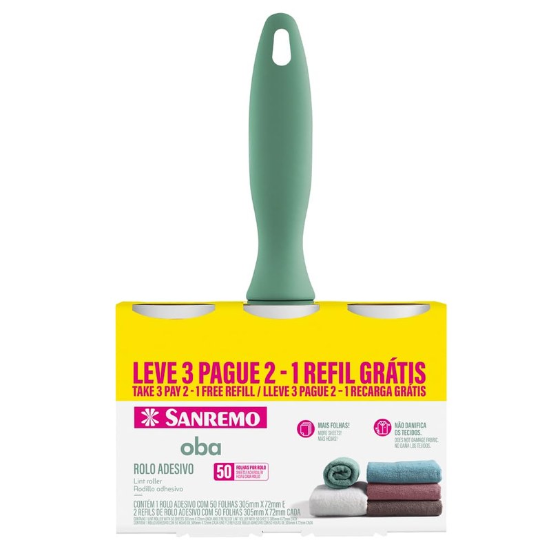 Sanremo - Kit de Rolo Adesivo de 50 Folhas Ultra Adesivas, Com Dois Refis, Linha Oba